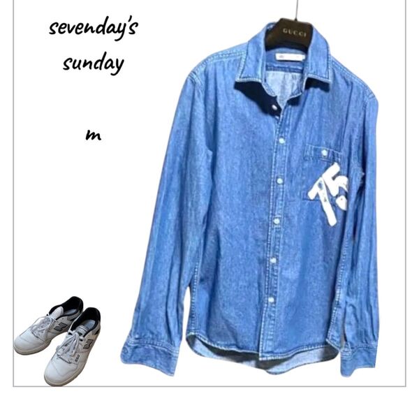 SEVENDAY'S SUNDAY デニムシャツ 長袖シャツ Mサイズ ブルー系 メンズ メンズシャツ ロゴ入りシャツ
