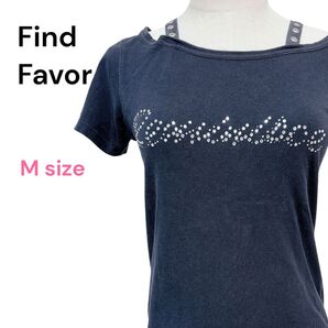 【良品】Find Favor ロゴラインストーン装飾 半袖カットソー Mサイズ ブラック トップス 黒