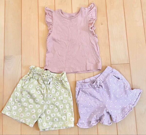 GU 子ども服 3枚セットフリルタンクトップ 95㎝ ショートパンツ 90㎝ ピンク 綿100 半袖 半ズボン おしゃれ遊び