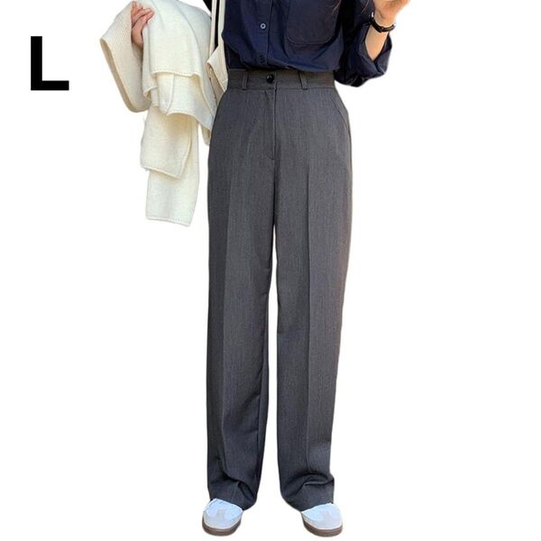 ハイウエスト 美脚 脚長 ストレートパンツ レディース ボタンストラップ ワイドパンツ 女性 ズボン ロングパンツ グレー L