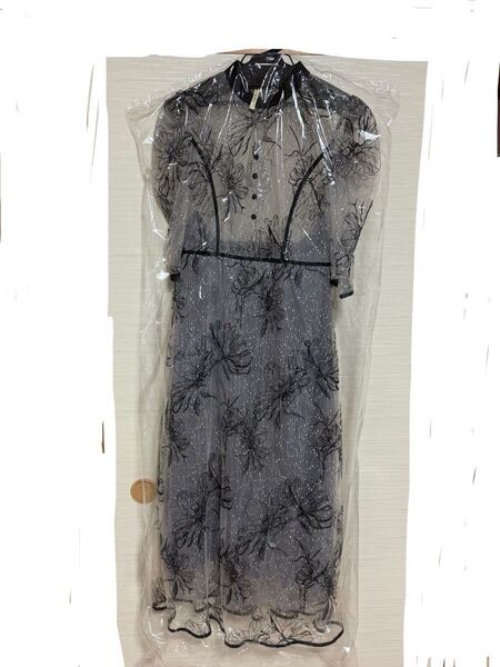 Leja 配色パイピングプチハイネック花柄刺繍ラメレースロング丈ドレスワンピース グレー お呼ばれドレス 結婚式