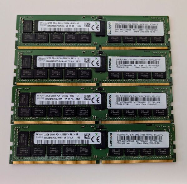 サーバー用 RDIMM メモリ 計128GB 32GB×4枚 SKhynix DDR4 2R×4 PC4-2666V-RB2-12