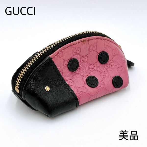 美品 * GUCCI グッチ GGシマ てんとう虫 レザー コインパース ピンク コインケース 小銭入れ レディース ブラック
