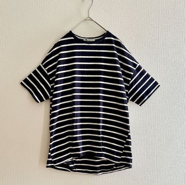 裾タック変形Tシャツ前後差ボーダービックT ワイドT オーバーサイズ チュニックT ゆったり綿素材ネイビー×白Lサイズ新品タグ付き