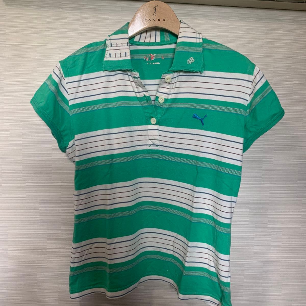 PUMA ポロシャツ ボーダー柄 グリーン系 レディース　古着
