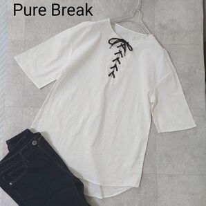 美品 Pure Break 綿混 コットン トップス チュニック プルオーバー レースアップ ホワイト 送料込み
