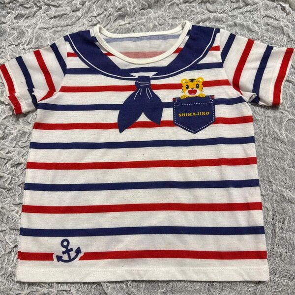 しまじろう Tシャツ キッズ 半袖 ボーダー 子供服 だまし絵 セーラー襟 マリン 90サイズ 赤×ネイビー 男の子 女の子