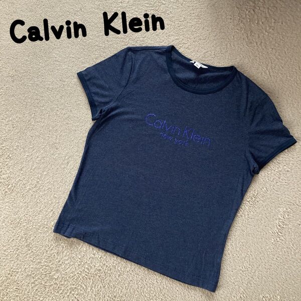 カルバンクライン Tシャツ ネイビー S ラメ ロゴ入り 半袖 カットソー 紺