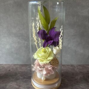 NO.834プリザーブドフラワー 仏花 ガラスドームアレジメント L 紫 インテリア ケース入り仏花アレンジ