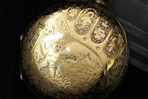 ☆1890年 Illinois 手巻き 時計 懐中時計 ヴィンテージ アンティーク 金張り ハンターケース 美彫金 天使