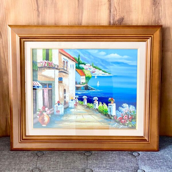 肉筆絵画 油彩画 手描き油絵 F6号「海の見えるカフェ通り」矢田晃 風景画 油絵