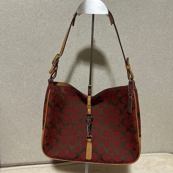 COACH (6091) ワンショルダーバッグ シグネチャー 肩掛け ハンドバッグ ワインレッド キャンバス