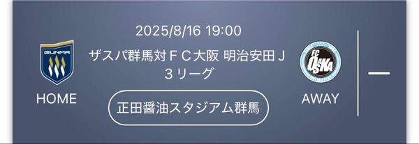 2025J3第23節 ザスパ群馬 vs FC大阪8/16(土)19:00キックオフ正田醤油スタジアム群馬 バック自由席2枚セット