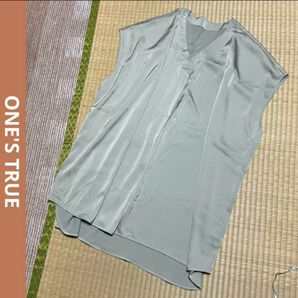 ONE'S TRUE フレンチスリーブ とろみ 光沢 チュニック ワンピース ブラウス グリーン M