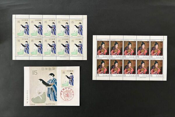 日本切手/未使用/コレクション 切手趣味週間 1969年 髪・記念はがき・1970年 婦人像