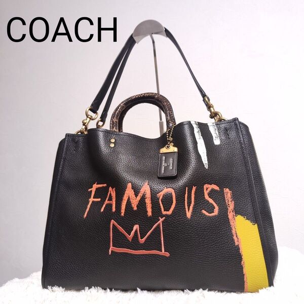 【極美品】COACH バスキア ローグ39 コラボ パイソン シボ皮 2way コーチ トート ハンドバッグ ショルダーバッグ