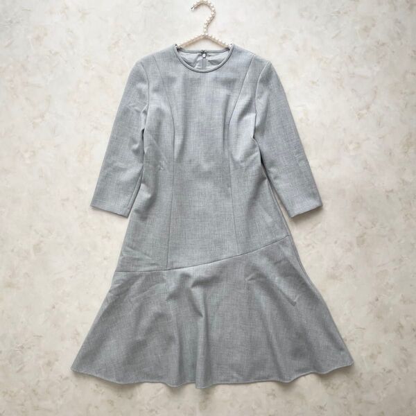 極美品 ANAYI アナイ ダブルクロスフレアヘムワンピース アシンメトリー 膝丈 長袖 フォーマル カジュアル 36 S グレー