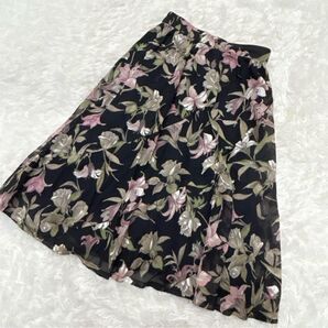 【c943】PRODUCE BY BELL 膝丈スカート フレア 総柄 花柄 ひざ丈 黒