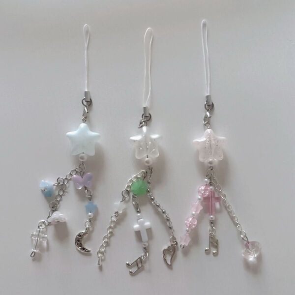 ハンドメイド ストラップ キーホルダー ブルー ホワイト ピンク ウィッシュコア