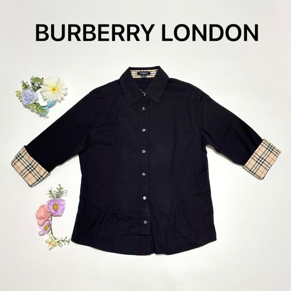 バーバリー ロンドン 七分袖 シャツ ブラック ノバチェック切替 レディース Mサイズ 0194500