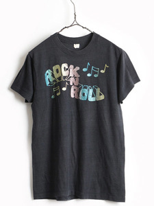 70's ビンテージ ■ ROCK N ROLL ロックンロール 両面 ラメ プリント 半袖 Tシャツ ( メンズ レディース S 程) 古着 黒 一点物 半袖Tシャツ