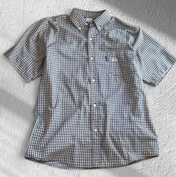 【美品・希少XL】STUSSY 銀タグ USA製 チェック ボタンダウン 半袖シャツ オールドステューシー 90s J