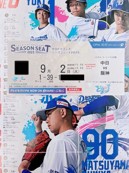 中日ドラゴンズ主催 バンテリンドームナゴヤ 9/2 (火) 阪神タイガース戦 内野B 3塁側 1席