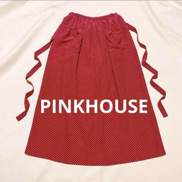 PINKHOUSE ピンクハウス 80's ヴィンテージ 赤白 ドット 後ろ開き ボタン ギャザーロングスカート