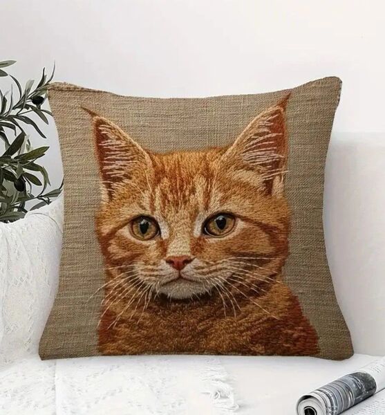 刺繍風 クッションカバー 茶トラ 猫 ネコ ねこ 猫と花 猫の雑貨 インテリ 45㎝