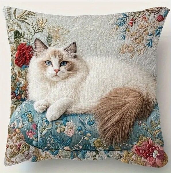 刺繍風 クッションカバー ラグドール 猫 ネコ ねこ 猫と花 猫の雑貨 インテリ 45㎝ ブルーアイ