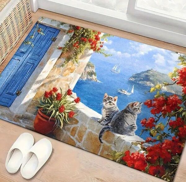 サバトラ 玄関マット バスマット ギリシャ サントリーニ島の猫 猫柄 プリント マット 猫 ネコ 海 地中海