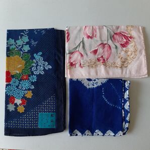 ハンカチ3枚おまとめ 未使用品 シワあり 藍染2枚ピエールバルマン1枚 計3枚 花柄