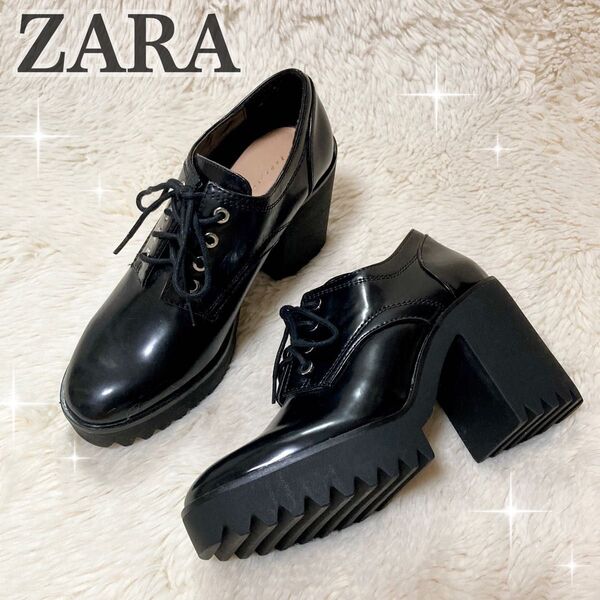ZARA 厚底ローファー ショートブーツ ヒール ブラック 黒 レースアップ シューズ ブーツ