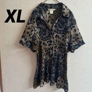 レオパード柄 半袖シャツ XL 半袖 アニマル柄 蛇柄 レース プリーツ