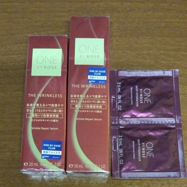 ONE BY KOSE ザ リンクレスS 薬用シワ改善美容液、30㌘、20㌘、2点セット オマケ付、化粧水サンプル2点