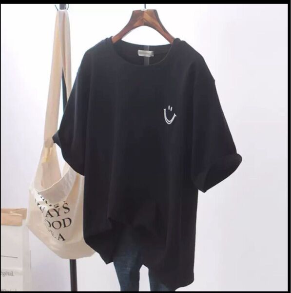 Tシャツ M半袖 トップス 黒 スマイル ニコちゃん ロング 大きめサイズ