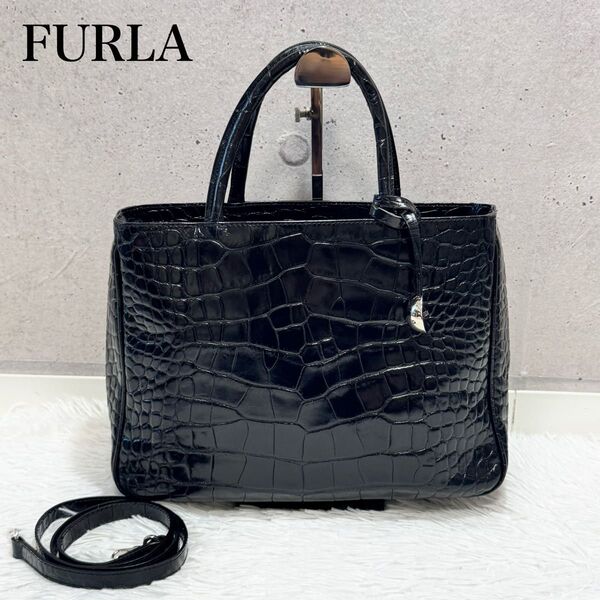 美品!FURLA フルラ クロコ型押し 2way トートバッグ ハンドバッグ ショルダーバッグ 黒