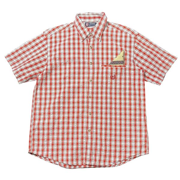 00s CHAPS シアサッカー 赤 半袖 ギンガムチェックシャツ 古着 L ラルフローレン 半袖シャツ 古着 刺繍ロゴ 美品 M