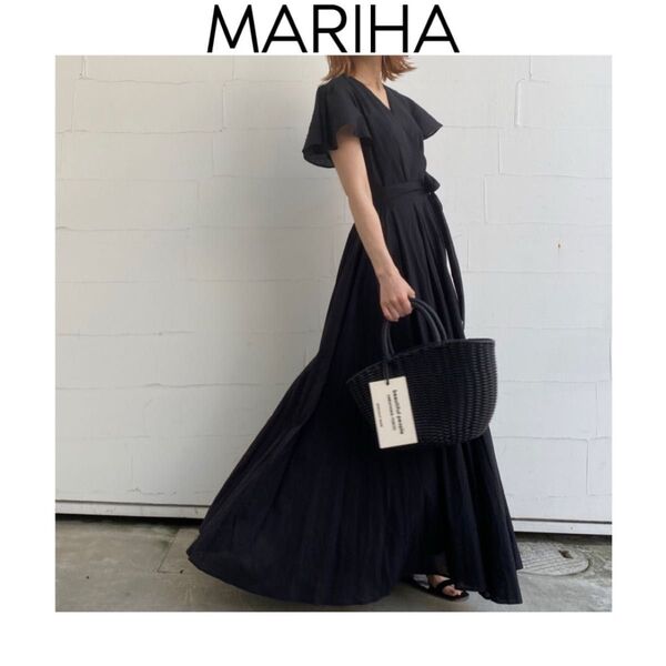 MARIHA マドモアゼルのドレス ワンピース カシュクール ブラック 黒 S 36 マリハ マキシ丈 リボンベルト付き 半袖