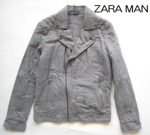 美品!!ザラ マン ZARA MAN*麻55% リネンコットンダブルライダースジャケット S 実寸M シャンブレーグレー