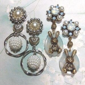 ハンドメイド ピアス 2点セット パール風ループ アンティークうさぎ