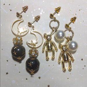 ハンドメイド ピアス or イヤリング 2点セット 星月 パールウサギ
