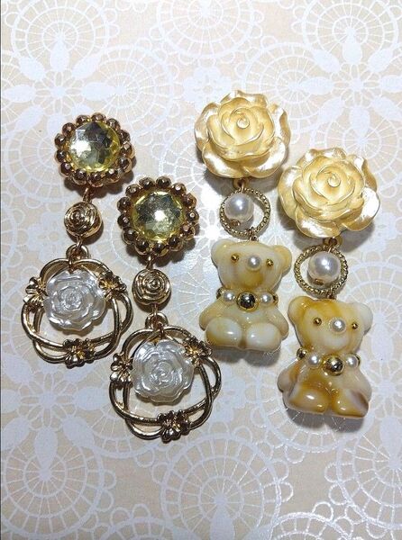 ハンドメイド イヤリング or ピアス 2点セット ローズ ベアー