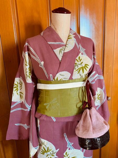 笹の柄のテンセルのおとな浴衣とトンボの柄の撫松庵の半幅帯 こむさでもーどの巾着と夢工房の下駄のセット トールサイズ