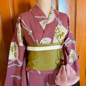 笹の柄のテンセルのおとな浴衣とトンボの柄の撫松庵の半幅帯 こむさでもーどの巾着と夢工房の下駄のセット トールサイズ