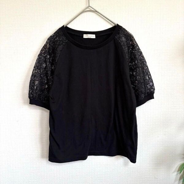 アース 半袖ブラウス 袖レース花柄 フェミニン ブラック シースルー 春夏 F ブラック 半袖Tシャツ