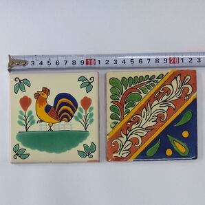 メキシカンタイル 2枚セット ニワトリ 植物模様 カラフル インテリア装飾タイル コースター