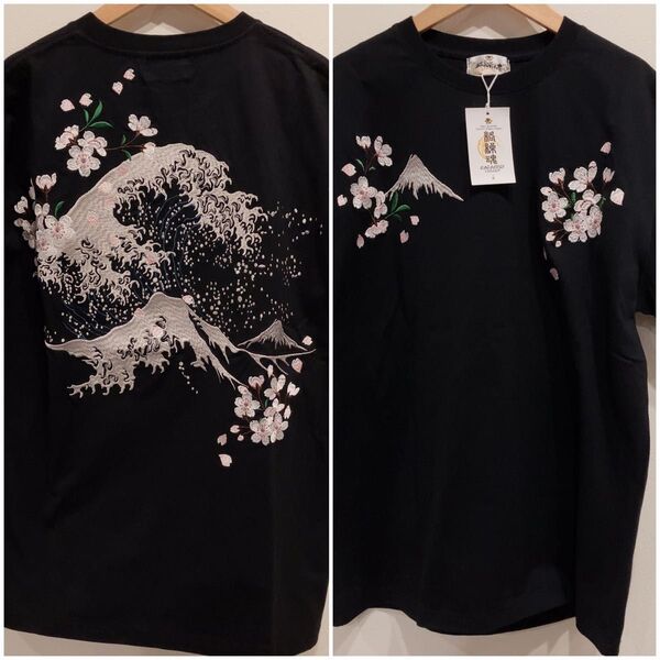 新品タグ付き*絡繰魂半袖Tシャツ桜、 波、富士山刺繍ブラック黒XL カットソー