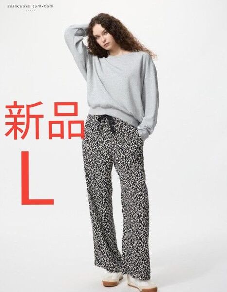 新品 UNIQLO ユニクロ プリンセスタムタム レーヨンプリントロングパンツ PRINCESSE tam tam ブラック L