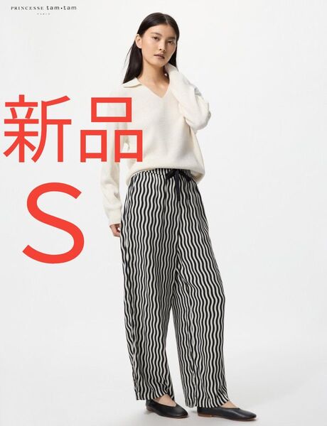 新品 UNIQLO ユニクロ プリンセスタムタム レーヨンプリントロングパンツ PRINCESSE tam tam ブラック S